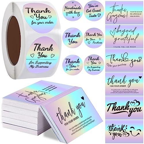 620Pcs Thank You Cards and Stickers Set, Holographic Rainbow Thank You Cards Small Business and Thank You Stickers Label Roll Thank You For Supporting My Small Business Cards for Envelope Retail Store