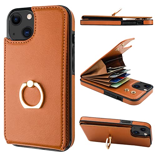 Folosu Compatible with iPhone 13 Case Wallet with Card Holder, 360Rotation Finger Ring Holder Kickstand Protective RFID Blocking PU Leather Double Buttons Flip Shockproof Cover 6.1 Inch Brown