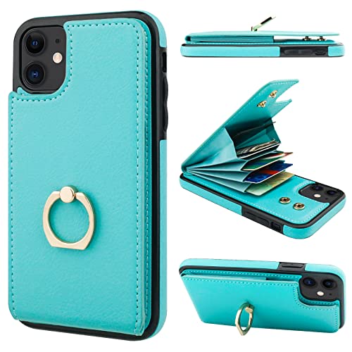 Folosu Compatible with iPhone 11 Case Wallet with Card Holder, 360Rotation Finger Ring Holder Kickstand Protective RFID Blocking PU Leather Double Buttons Flip Shockproof Cover 6.1 Inch Green