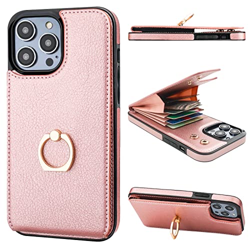 Folosu Compatible with iPhone 14 Pro Max Case Wallet with Card Holder, 360Rotation Finger Ring Holder Kickstand, RFID Blocking Leather Protective Double Buttons Shockproof Cover 6.7 Inch Rose Gold