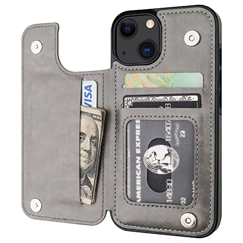 Onetop Compatible with iPhone 13 Wallet Case with Card Holder, PU Leather Kickstand Card Slots Case, Double Magnetic Clasp Durable Shockproof Cover 6.1 Inch(Gray)