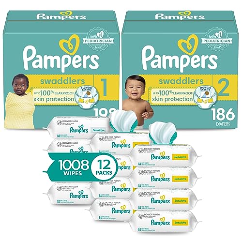 Pampers Baby Diapers and Wipes Starter Kit, Swaddlers Disposable Sizes 1 (198 Count) & (186 with Sensitive Water Based 12X Multi Pack Pop-Top Refill (1008