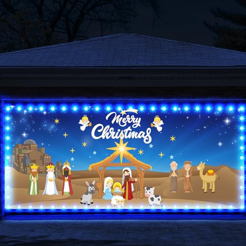 7 x 16 ft Holy Nativity Christmas Outdoor Garage Door Banner Nativity Scene Large Christmas Backdrop Decoration with LED String Lights Holiday Vinyl Cover Religious Christmas Backdrop Decoration