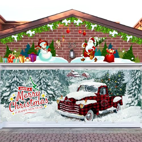 Arosche Extra Large Christmas Garage Door Cover 6 * 16Ft Christmas Garage Door Decorations Have a Merry Christmas Red Truck Background Party Supplies for Garage Door Cover, Phoyography, Party Decor