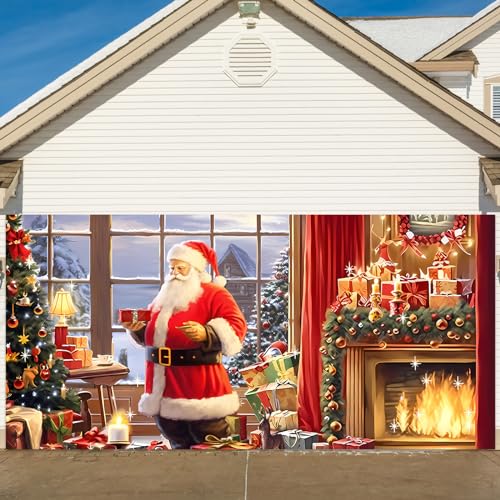 Christmas Banner Garage Door Decorations Christmas Backdrop Decoration Winter Large Door Cover Decoration Indoor Outdoor for Christmas Holiday Party Supplies (Warm)