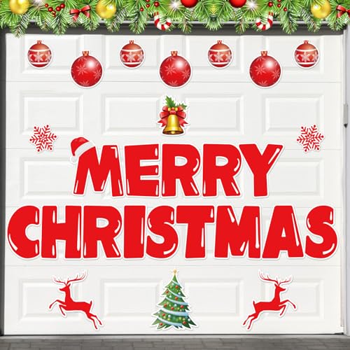 Merry Christmas Garage Door Magnets Decoration, 27 Pcs Christmas Decor Garage Door Magnetic Banner with Ornament, Refrigerator Magnets Car Decal Stickers for Xmas Holiday DIY Decor, 8" H Large