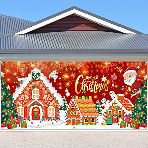 Christmas Garage Door Banner Decoration Large Merry Christmas Gingerbread House Banner Garage Door Cover Backdrop for Christmas New Year Winter Outdoor Indoor Background Sign 6 x 13 ft