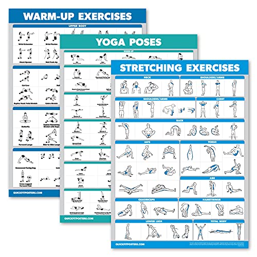 Palace Learning 3 Pack - Warm Up Exercises + Stretching Exercises + Yoga Workouts - Set of 3 Workout Charts (LAMINATED, 18 x 24)