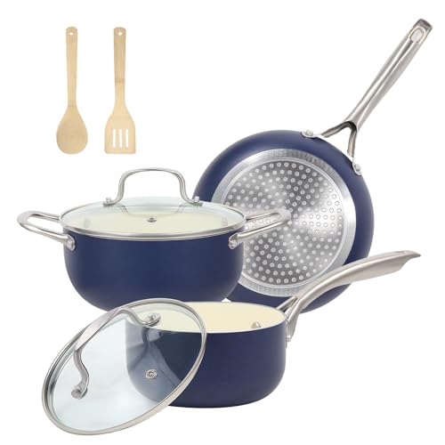M MELENTA Pots and Pans Set, 7 Piece Nonstick Ceramic Cookware Set, Non Toxic Induction Pots and Pans, Oven Safe Handle & Bamboo Kitchen Utensils, Dishwasher Safe, 100% PFOA Free, Blue