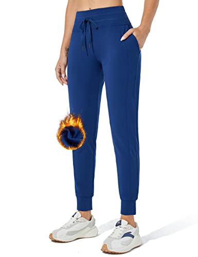 ZUTY Women's High Waisted Fleece Lined Joggers Water Resistant Sweatpants Hiking Running Winter Thermal Pants with Pockets Royal Blue M