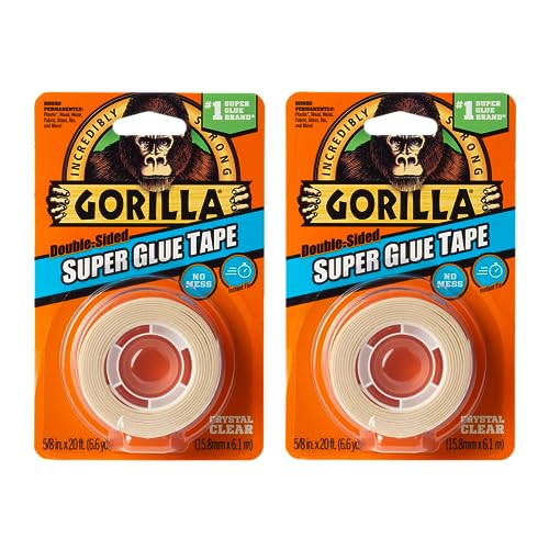 Gorilla Super Glue Tape, Multi-Purpose, Permanent, Double Sided, High Tack, 5/8in x 20ft, Clear (Pack of 2)