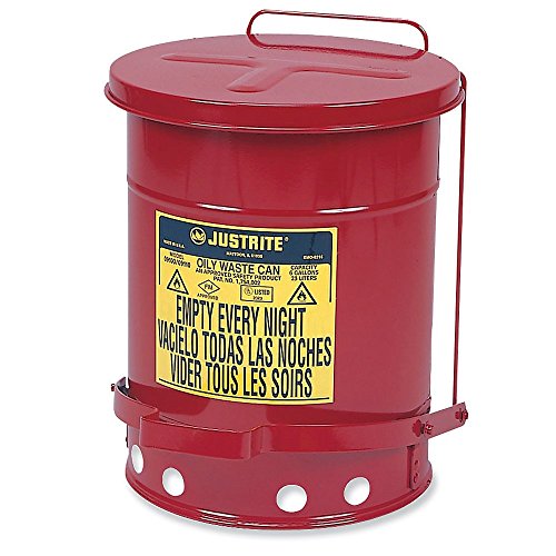 Justrite 09100 Red Galvanized Steel Oily Waste Safety Can with Foot Lever - 6 Gallon Capacity