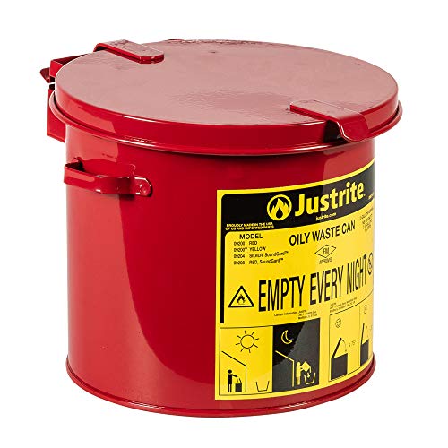 Justrite 2 Gallon Red Galvanized Steel Countertop Oily Waste Can with Hand Operated Opening Device
