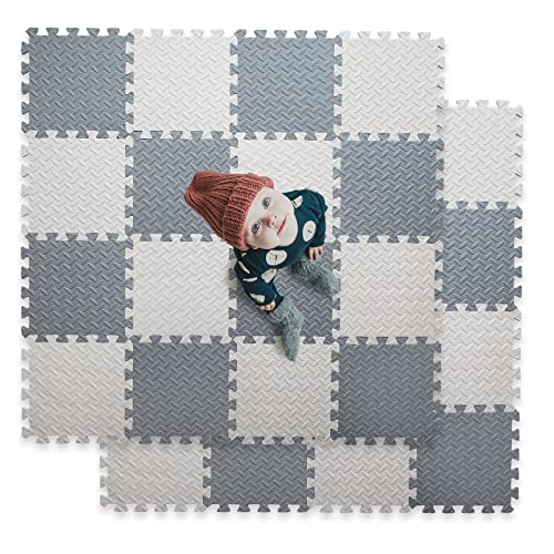 Tamiplay 16 Tiles Foam Play Mat for Baby, Soft & Safe EVA Foam Mats for Floor, Square Baby Play Mat, Solid Colored Kids Foam Puzzle Floor Mat, 50x50 Play Mat for Playpen(Whit/Gray)