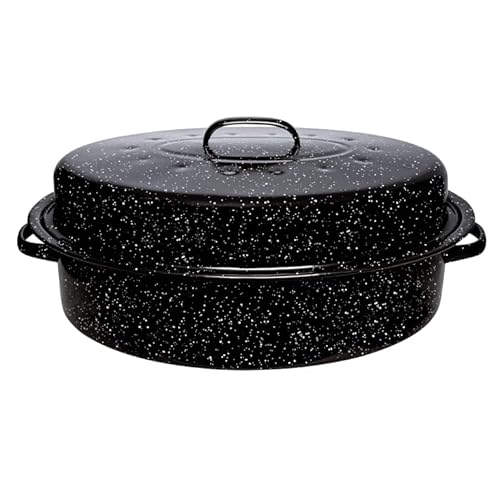 Millvado Roasting Pan With Lid, Turkey Roaster Pan, Extra Large 20 lb Capacity, 19" Granite Oven Roaster Oval Shaped Speckled Enamel on Steel Cookware