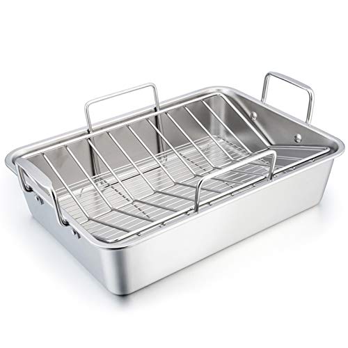 TeamFar Roasting Pan, 15 Inch Large Turkey Roaster Lasagna Pan with V Rack & Cooling Rack Set Stainless Steel For Thanksgiving Christmas, Healthy & Heavy Duty, Deep Side & Dishwasher Safe - 3 PCS