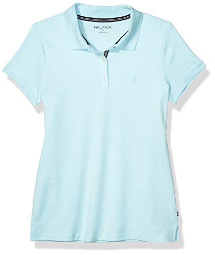 Nautica Women's 3-Button Short Sleeve Breathable 100% Cotton Polo Shirt, Sea Water Blue, Medium