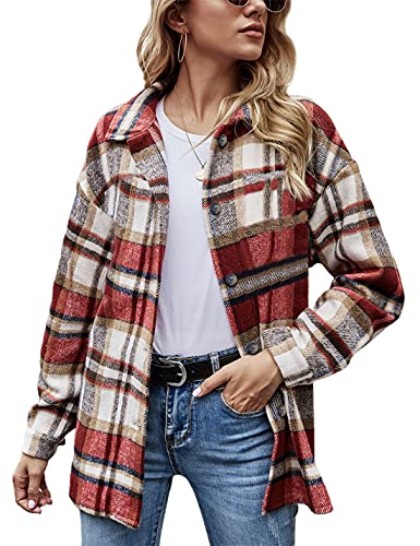 Yeokou Women's Fall Color Block Plaid Flannel Shacket Jacket Button Down Shirt Coat Tops (Red, XL)