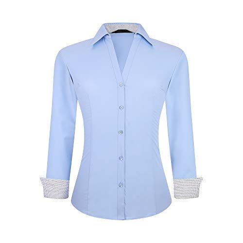 Damipow Womens Long Sleeve Button Down Dress Shirt Wrinkle Free Stretch Bamboo Shirts for Women Work Blouse,Blue,M