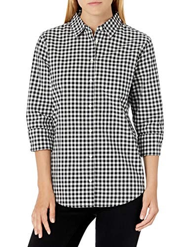 Amazon Essentials Women's Classic-Fit 3/4 Sleeve Poplin Shirt, Gingham, Large