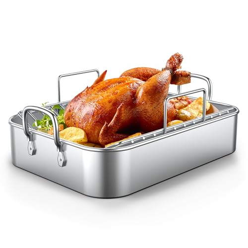 Roasting Pan, 17*13 Inch Stainless steel Turkey Roaster with Rack - Deep Broiling Pan & V-shaped Rack & Flat Rack, Non-toxic & Heavy Duty, Great for Thanksgiving Christmas Roast Chicken Meat Lasagna
