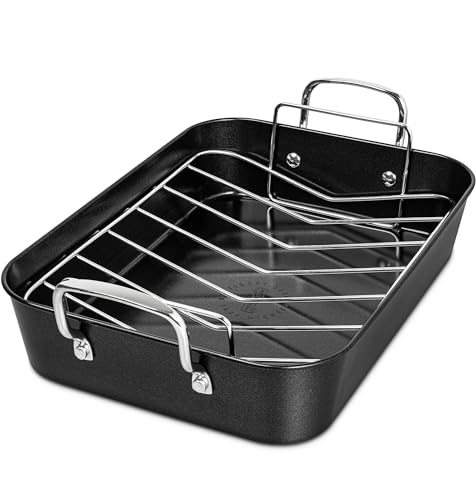 MICHELANGELO Roasting Pan with Rack, Carbon Steel Turkey Roasting Pan for Oven and Induction, Nonstick Turkey Roaster Pan with Stainless Steel Rack, 15 Inch x 11 Inch