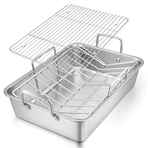 Roasting Pan, E-far 15.2 Inch Stainless steel Turkey Roaster with Rack - Deep Broiling Pan & V-shaped Rack & Flat Rack, Non-toxic & Heavy Duty, Easy Clean & Dishwasher Safe