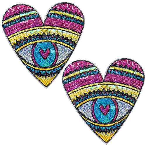 Qusmeiyici 2pcs Sequin Heart Eye Embroidered Applique Patches,Sew on Patches for Clothing Jeans T-Shirt Hoodies Craft Sew Making