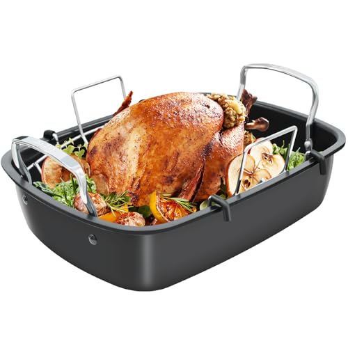 Slow Slog Roasting Pan, 17 Inch x 13 Inch Roaster with Removable Rack, Nonstick Roaster Pan for Roasting Turkey, Meat & Vegetables (Silver)