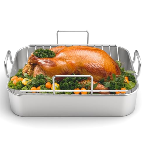 Roasting Pan, EWFEN 17*13 Inch Stainless steel Turkey Roaster with Rack - Deep Broiling Pan & V-shaped Rack & Flat Rack, Non-toxic & Heavy Duty, Great for Thanksgiving Christmas Roast Chicken Lasagna