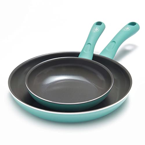 GreenLife Soft Grip Diamond Healthy Ceramic Nonstick, 7" and 10" Frying Pan Skillet Set, PFAS-Free, Dishwasher Safe, Turquoise
