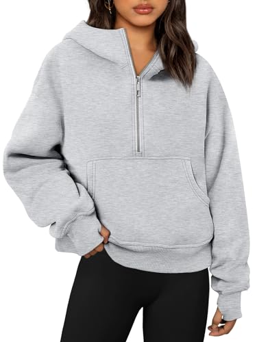 Trendy Queen Womens Hoodies Half Zip Pullover Oversized Sweatshirts Quarter Zip Pullover Fall Outfits Fashion Clothes 2023 Long Sleeve Fleece Winter Sweaters Jackets Y2k Cute Teen Girls Grey