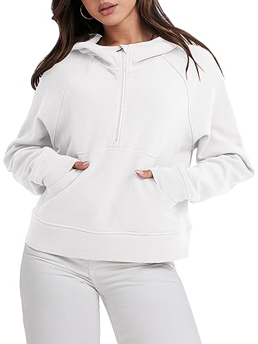 ANRABESS Half Zip Sweatshirts for Women Quarter Zip Pullover Hoodies Casual Cropped Sweaters Fall Outfits Winter Clothes Fashion 988baise-M White