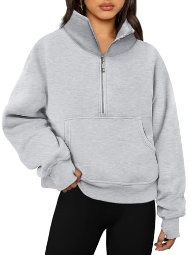 EFAN Womens Oversized Sweatshirts Half Zip Pullover Fleece Quarter Zip Up Hoodies 2023 Fall Clothes Trendy Outfits Cropped Winter Sweaters Grey