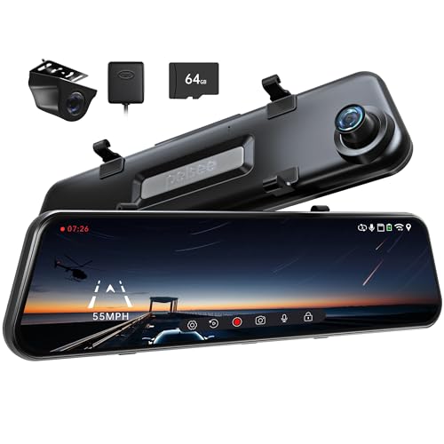 Pelsee P12 Pro Max 4K+2.5K Rear View Mirror Camera, 12'' Mirror Dash Cam with 2.5K Rear Camera,5G Wi-Fi WDR Front and Rear Dash Camera for Cars and Trucks,Night Vision,Voice Control,Free 64GB Card&GPS