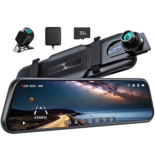 Pelsee P10 2.5K Rear View Mirror Camera, 10'' Mirror Dash Cam Smart Driving Assistant w/BSD, Front and Rear Camera for Cars and Trucks,Night Vision,Voice Control,Parking Monitor,Free 32GB Card & GPS