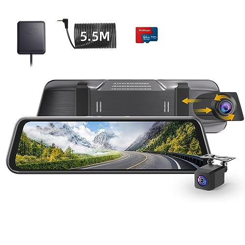 Mirror Dash Cam, 4K 10" Rear View Mirror Camera UHD 2160p/25fps Recording Car DVR Cam with Split Display, Touch Screen, GPS, Park Monitor, Night Vision, Reserve Assistance, 64GB SD Card, USB C Port