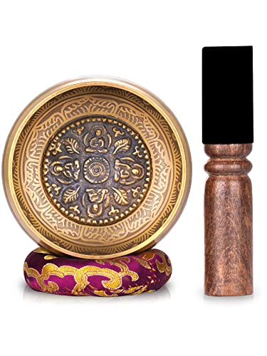 MONAHITO Tibetan Singing Bowl Set - Himalayan Meditation Sound Bowl Proudly Handcrafted in Nepal for Yoga, Relaxation, Mindfulness, Stress Relief, Chakra Healing - Four Buddha 5.2"
