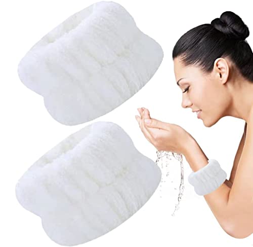 PEARLISH 2pc (1 Pair) White Wrist Towels for Washing Face and Skincare Spa, Microfiber Flannel Wrist Washband, Face Washing Wristbands for Women Girls, Prevent Water Running Down Your Arms