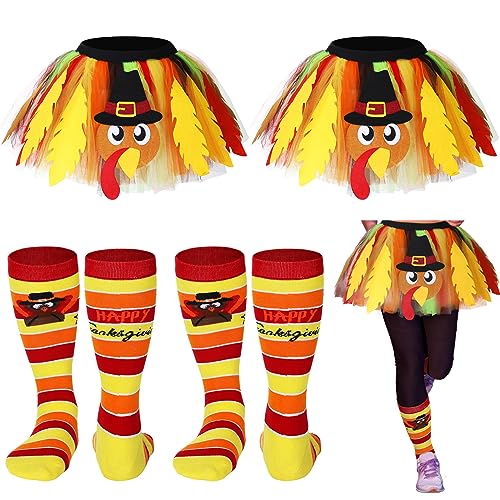 Panitay 4 Pieces Thanksgiving Turkey Costume Set Include 2 Thanksgiving Holiday Tutus and 2 Pairs Tutu Socks Running Tutu Turkey Running Outfit for Turkey Trot Costumes Cosplay Party Accessories