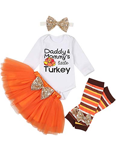 My First Thanksgiving Newborn Baby Girls Clothes Romper Top Bow Tutu Short Skirt with Headband Dress Outfit Set (A-white, M(3-6months))