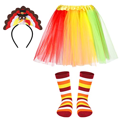 4 Pcs Thanksgiving Turkey Costumes for Kids Girls Included Thanksgiving Tutus Skirt Turkey Headband Running High Socks Trot Cosplay Party Accessories