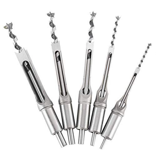 5 pcs Square Hole Mortise Chisel Drill Bit Tools Different Sizes 1/4" 5/16" 7/16" 1/2" 5/8", HSS Woodworking Hole Saw Mortising Chisel Drill Bit Set