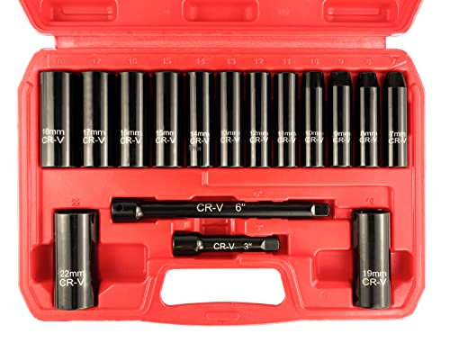 WETT 3/8-Inch Drive Deep Impact Socket Set, 16 Piece Metric Socket Set, 6 Point, Cr-V Steel, 7-22mm Sockets with 3", 6" Extension Bar