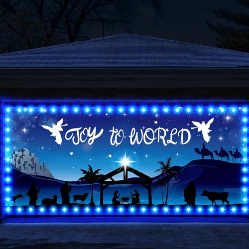 7 x 16 ft Holy Night Christmas Nativity Outdoor Garage Door Banner Religious Blue Jesus Nativity Large Christmas Backdrop Decoration with LED String Lights Holiday Vinyl Cover Christmas Door Decor