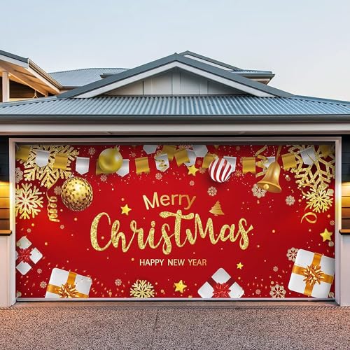 7 x 16 ft Double Garage Door Christmas Decorations, 2023 Christmas Garage Door Banner, Large Christmas Garage Door Decorations, Outdoor Christmas Garage Door Mural, Merry Christmas Decorations (Red)