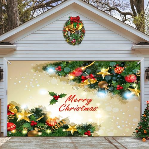 Christmas Holiday Garage Door Banner Decorations 7 x 16 ft Happy New Year Winter Large Door Outdoor Cover Mural Decoration Large Christmas Backdrop Merry Christmas and Double Car Garage Door Banner