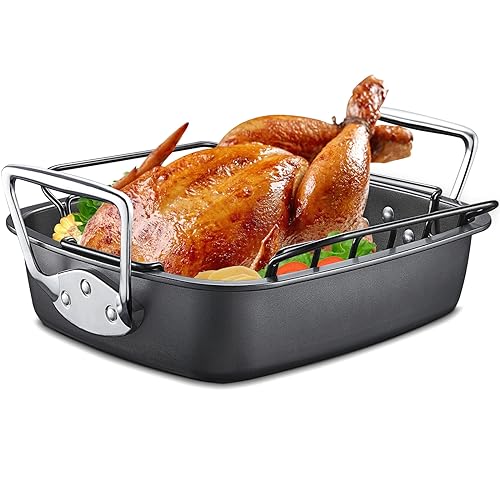 HONGBAKE Nonstick Turkey Roasting Pan with Rack, 17 x 13 Inch Large Chicken Roaster Pan for Oven, Suitable for 25lb Turkey, Heavy Duty, Dark Grey