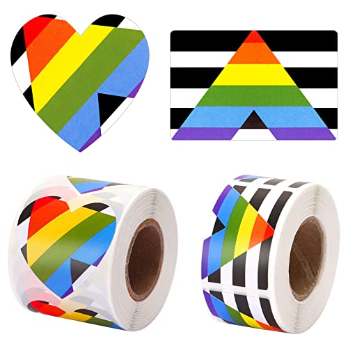 LGBTQ Pride Sticker, FEBSNOW 600Pcs 2 Roll Progress Pride Rainbow Heart Flag Stickers Self Adhesive Decal Sticker for Events Decorations Accessories and Gay Lesbian Bisexual Pride Month Parades