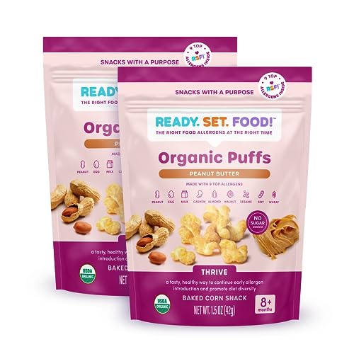 Ready, Set, Food! Organic Puffs | Peanut Butter (2 Pack) | Organic Baby Toddler Puffs with 9 Top Allergens | No Sugar Added